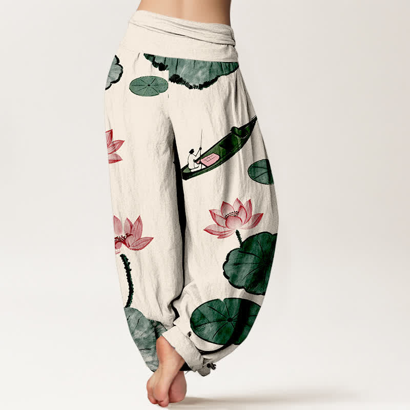Buddha Stones Cotton Oriental Lotus Pattern Women's Elastic Waist Harem Pants - image 1
