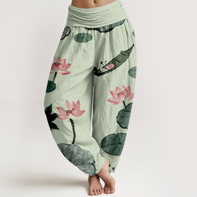 Buddha Stones Cotton Oriental Lotus Pattern Women's Elastic Waist Harem Pants - DarkSeaGreen - US16，UK/AU20，EU48 (3XL) - image 8