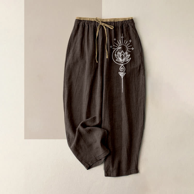 Buddha Stones Pure Cotton Bohemian Lotus Moon Star Pattern Women's Elastic Waist Pants With Pockets - SaddleBrown - US16，UK/AU20，EU48 (3XL) - image 5