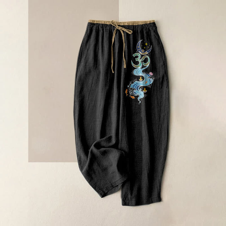 Buddha Stones Pure Cotton Moon Star OM Koi Fish Lotus Pattern Women's Elastic Waist Pants With Pockets - Black - US16，UK/AU20，EU48 (3XL) - image 0