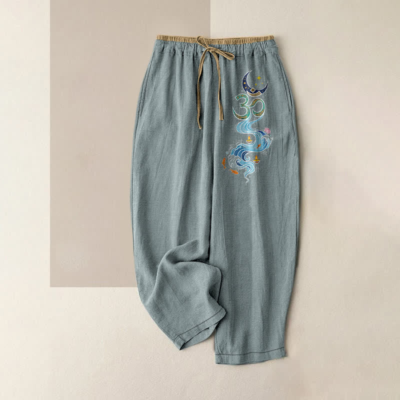 Buddha Stones Pure Cotton Moon Star OM Koi Fish Lotus Pattern Women's Elastic Waist Pants With Pockets - LightBlue - US16，UK/AU20，EU48 (3XL) - image 5