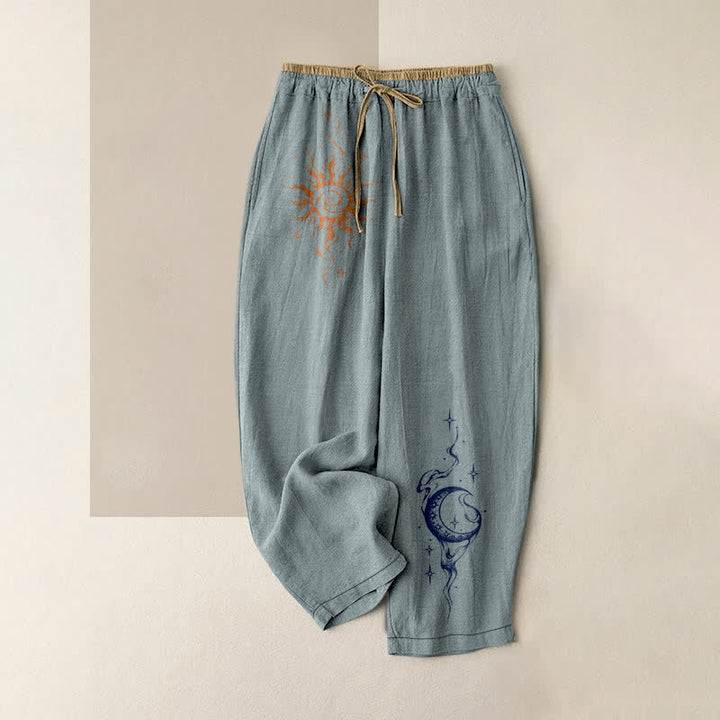 Buddha Stones Pure Cotton Retro Sun Star Moon Pattern Women's Elastic Waist Pants With Pockets - LightBlue - US16，UK/AU20，EU48 (3XL) - image 5