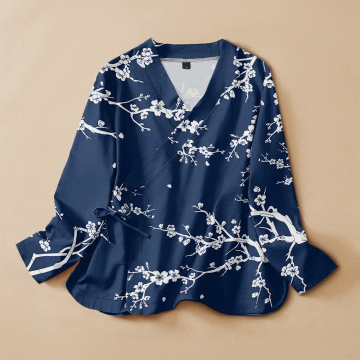 Buddha Stones Cotton Oriental Leaf Bloom Pattern Wrap V-Neck Lace-up Women's Long Sleeve Shirts Kimono - Navy - US16，UK/AU20，EU48 (3XL) - image 0