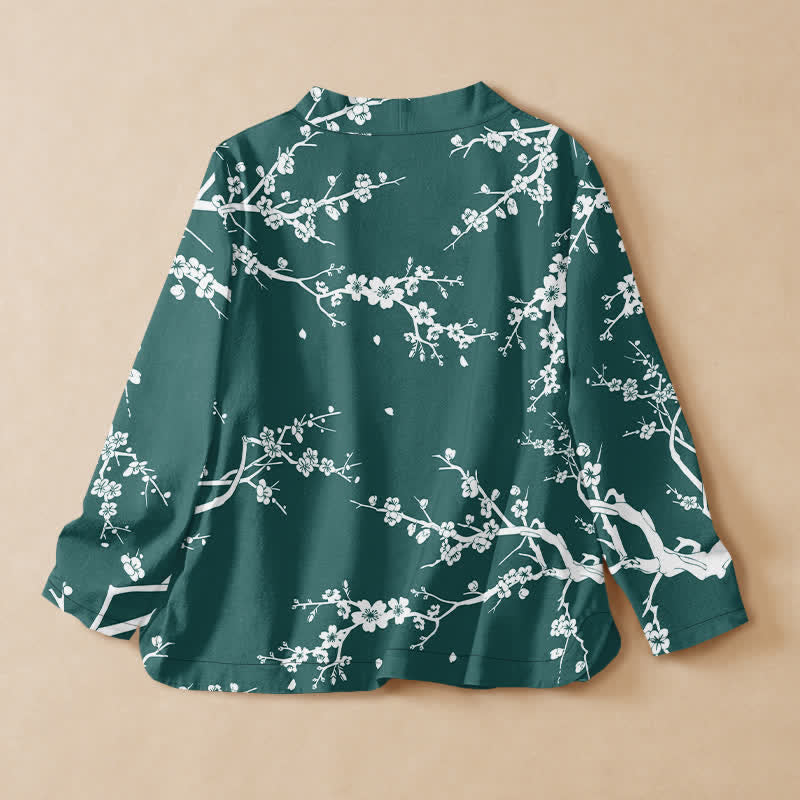 Buddha Stones Cotton Oriental Leaf Bloom Pattern Wrap V-Neck Lace-up Women's Long Sleeve Shirts Kimono - image 6