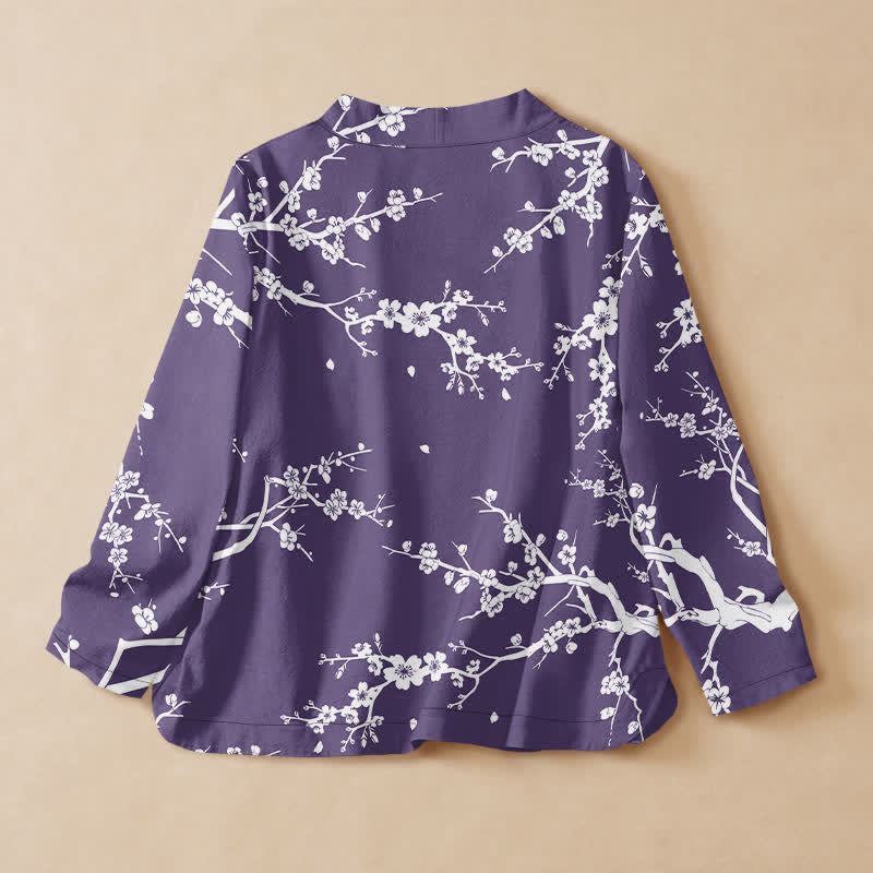 Buddha Stones Cotton Oriental Leaf Bloom Pattern Wrap V-Neck Lace-up Women's Long Sleeve Shirts Kimono - image 8