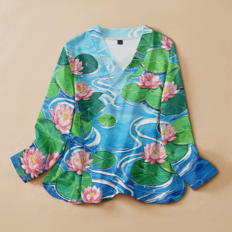 Buddha Stones Cotton Blooming Lotus Leaf Pattern Hanfu Style Wrap V-Neck Lace-up Women's Long Sleeve Shirts Kimono - DeepSkyBlue - US16，UK/AU20，EU48 (3XL) - image 0