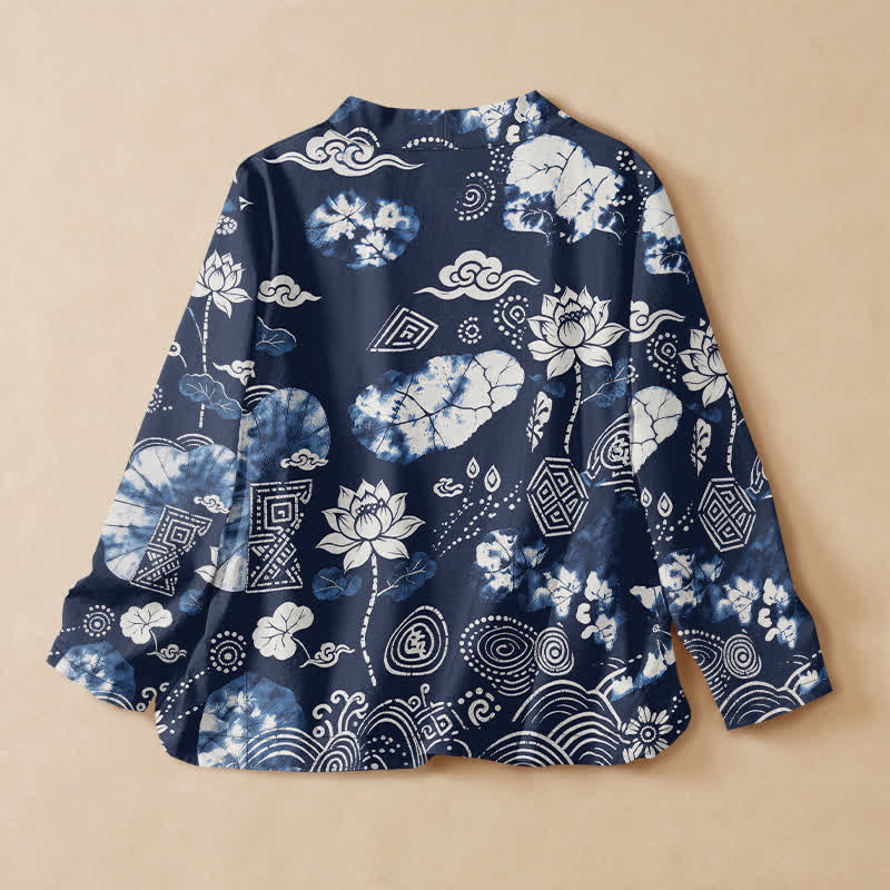 Buddha Stones Cotton Retro Floral Diamond Lotus Spiral Pattern Hanfu Style Wrap V-Neck Lace-up Women's Long Sleeve Shirts Kimono - image 1