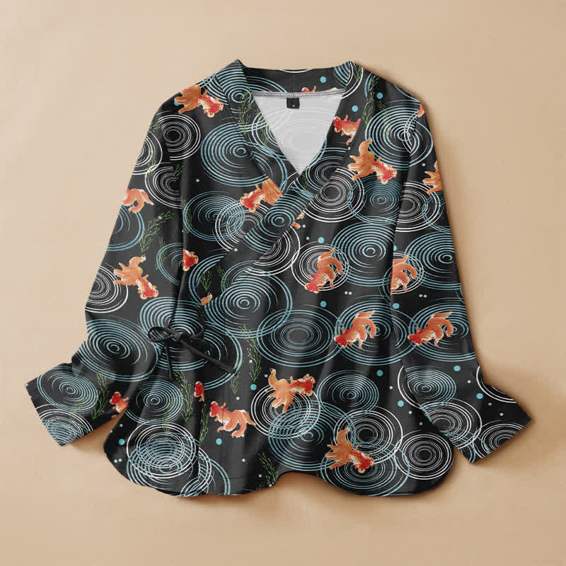Buddha Stones Cotton Bird Blossom Spiral Koi Fish Pattern Wrap V-Neck Lace-up Women's Long Sleeve Shirts Kimono - Black - US16，UK/AU20，EU48 (3XL) - image 0