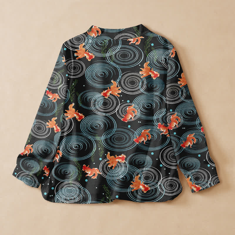 Buddha Stones Cotton Bird Blossom Spiral Koi Fish Pattern Wrap V-Neck Lace-up Women's Long Sleeve Shirts Kimono - image 1