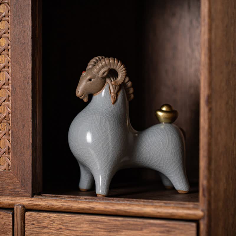 Buddha Stones Ceramic Goat Ram Prosperity Crackle Glaze Cute Animal Decor - Blue Head-Down - image 0