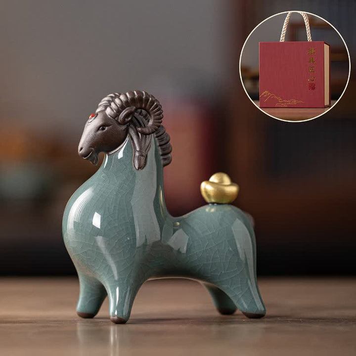Buddha Stones Ceramic Goat Ram Prosperity Crackle Glaze Cute Animal Decor - Blue Head-Down - image 0