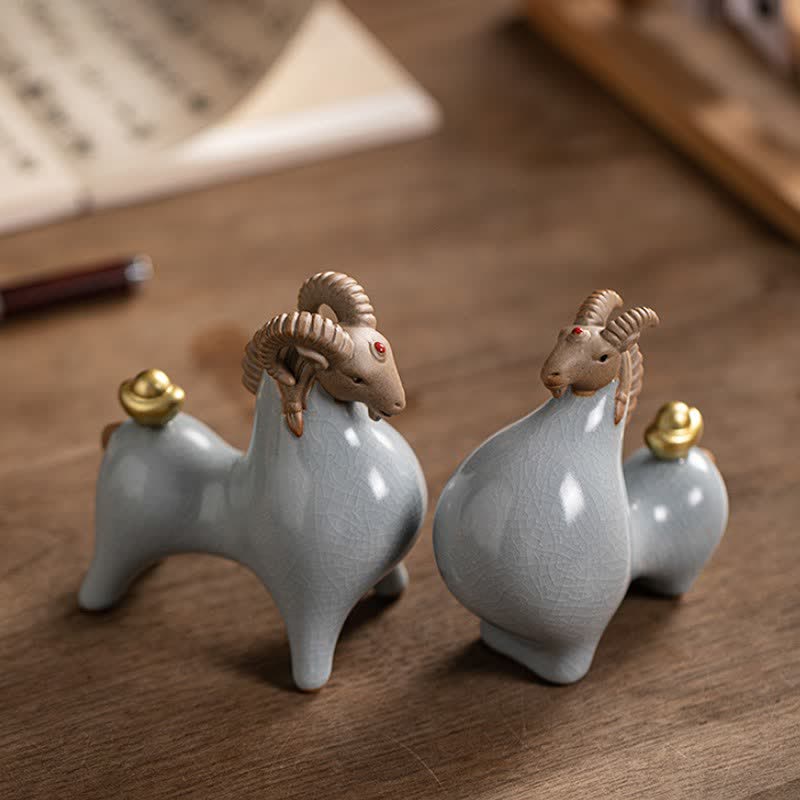 Buddha Stones Ceramic Goat Ram Prosperity Crackle Glaze Cute Animal Decor - image 21