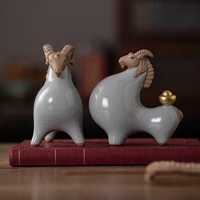 Buddha Stones Ceramic Goat Ram Prosperity Crackle Glaze Cute Animal Decor - image 18