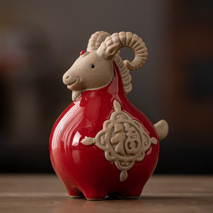 Buddha Stones Ceramic Fu Character Blessing Goat Figurine Cute Animal Decor - Red - image 0