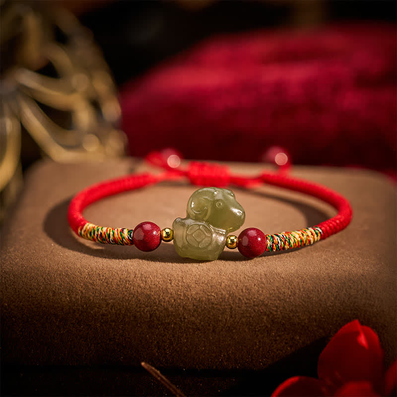 Buddha Stones Year of the Goat Hetian Jade Goat Charm Cinnabar Protection Braided String Bracelet - image 4