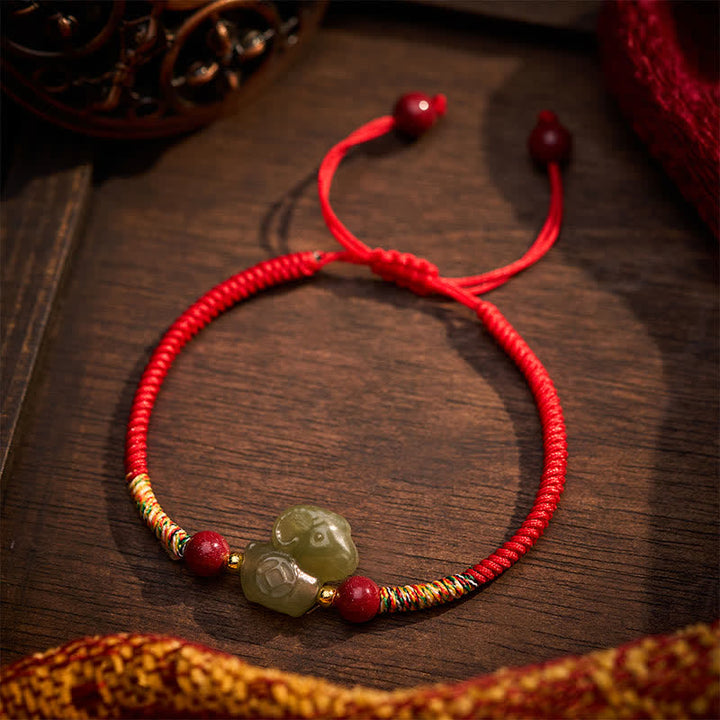 Buddha Stones Year of the Goat Hetian Jade Goat Charm Cinnabar Protection Braided String Bracelet - image 3