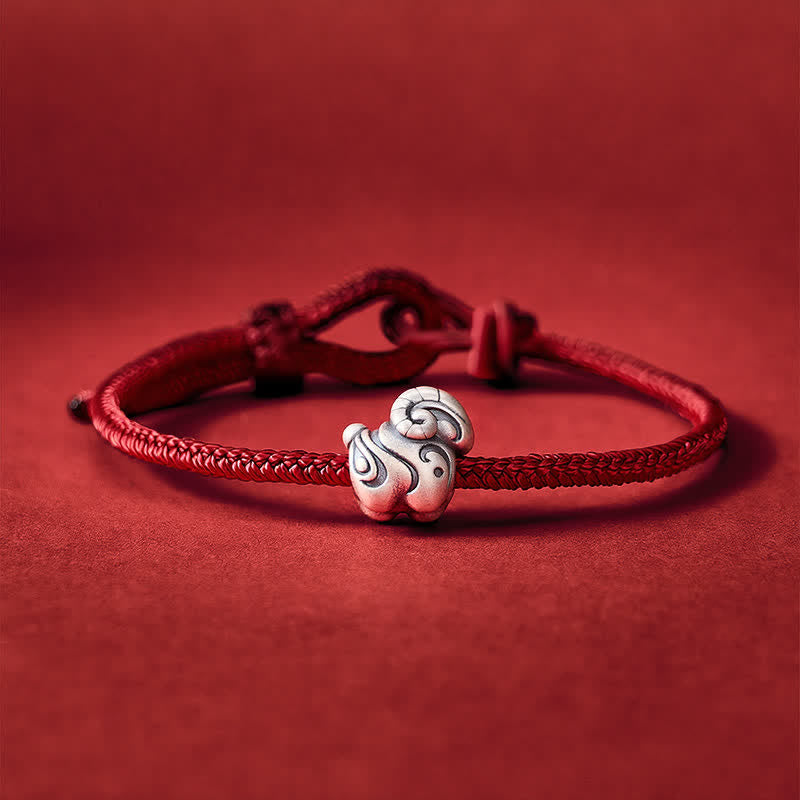 Buddha Stones Year of the Goat 999 Sterling Silver Hand-Woven Red String Chinese Zodiac Sheep Protection Bracelet - Dark Red(Wrist Circumference: 5.9-6.7 in /15-17 cm) - image 0
