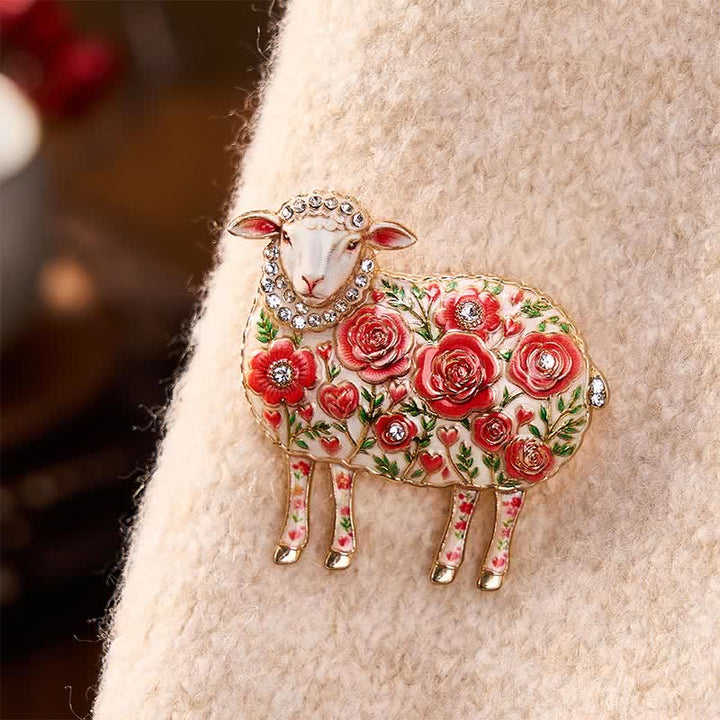 Buddha Stones Year of the Goat Copper Ram Relief Carving Flower Design Energy Brooch - Red Approx. 4.5*4.5 cm - image 0