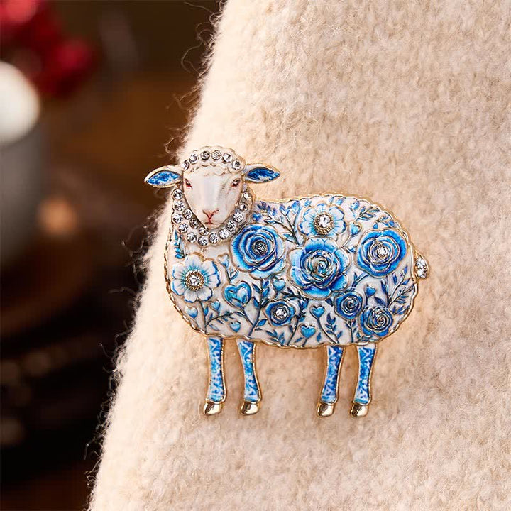 Buddha Stones Year of the Goat Copper Ram Relief Carving Flower Design Energy Brooch - Blue and White Approx. 4.5*4.5 cm - image 5
