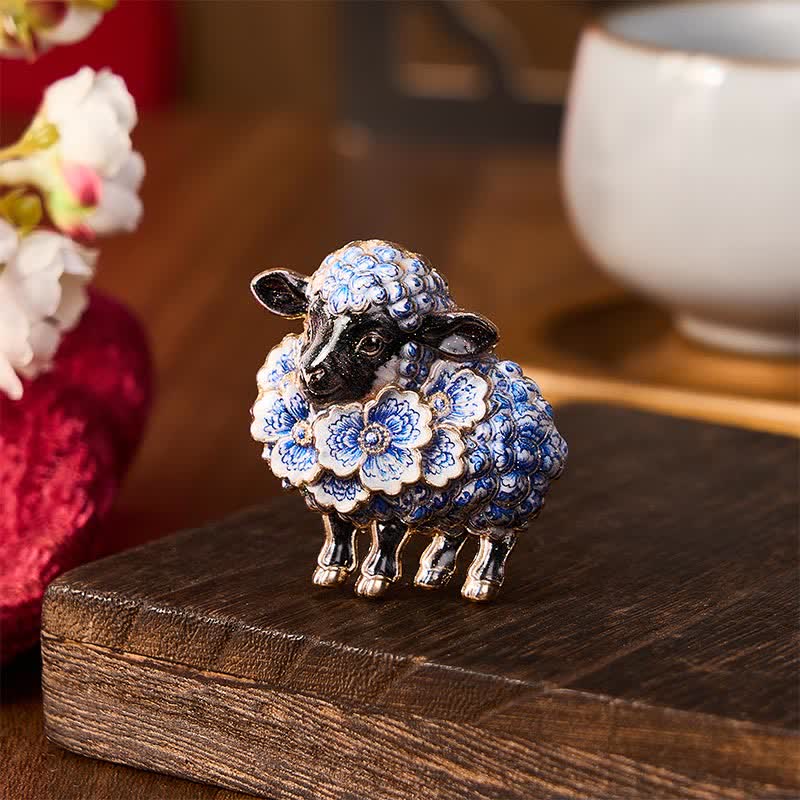 Buddha Stones Year of the Goat Copper Vintage Ram Floral Energy Statement Brooch - Blue Floral Sheep Approx. 4.5*4.5 cm - image 0