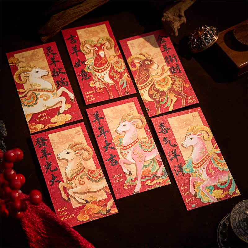 Buddha Stones 6Pcs Year of the Goat Traditional Chinese Year Blessing Red Envelope Set - image 1