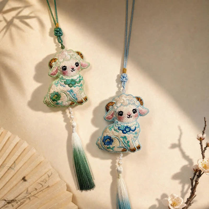 Buddha Stones Fabric Embroidery Goat Cute Car Hanging Decoration - image 0
