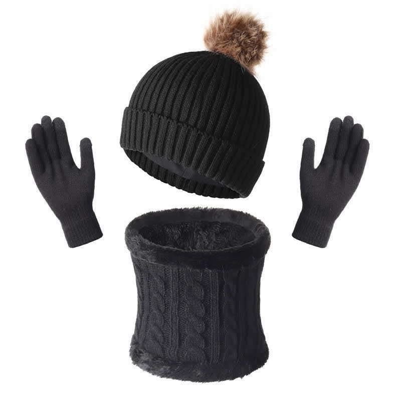 Buddha Stones Fall Winter Ribbed Knit Pom Pom Cozy Women's Scarf Hat Gloves - Black - image 4