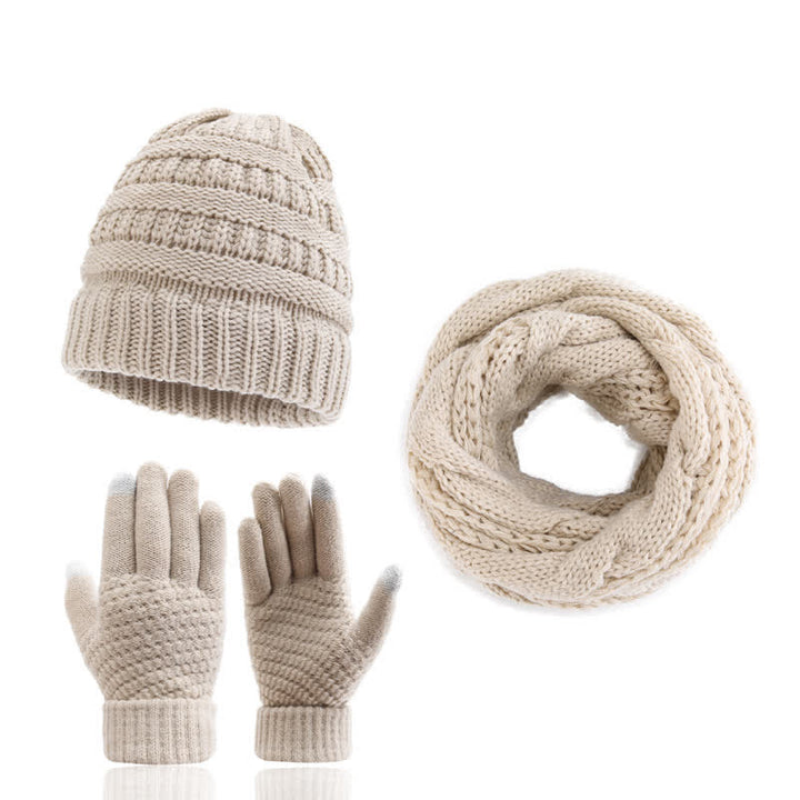 Buddha Stones Fall Winter Cable Knit Beanie Scarf Glove Set Women's Hat - Beige - image 0