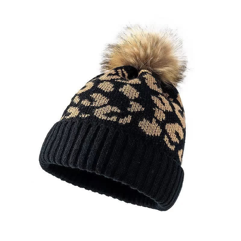 Buddha Stones Fall Winter Leopard Pattern Pom Pom Ribbed Knit Women's Hat - Black - image 2