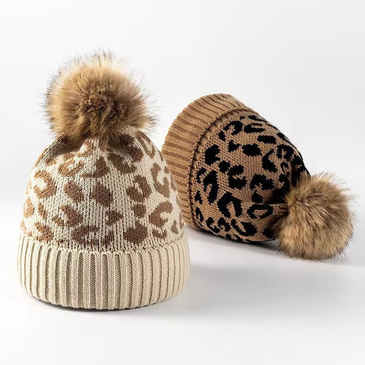 Buddha Stones Fall Winter Leopard Pattern Pom Pom Ribbed Knit Women's Hat - image 5