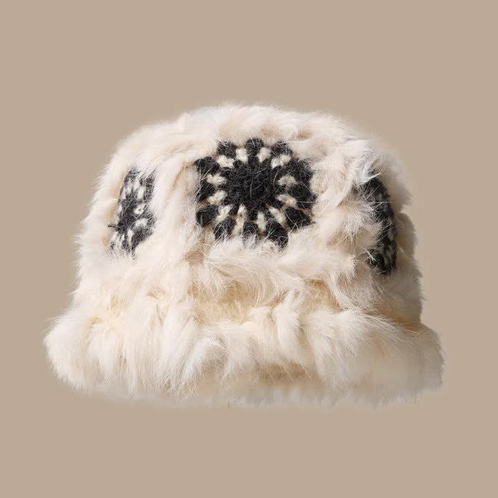Buddha Stones Fall Winter Plush Geometric Flower Embroidered Bucket Women's Hat - Black - image 3