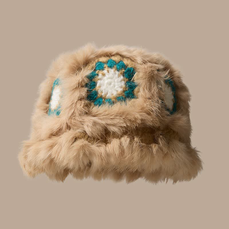 Buddha Stones Fall Winter Plush Geometric Flower Embroidered Bucket Women's Hat - BurlyWood - image 2