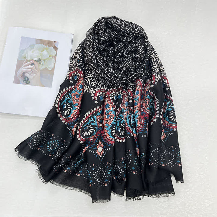 Buddha Stones Spring Fall Ethnic Floral Leaf Print Women's Scarf - Black - image 7