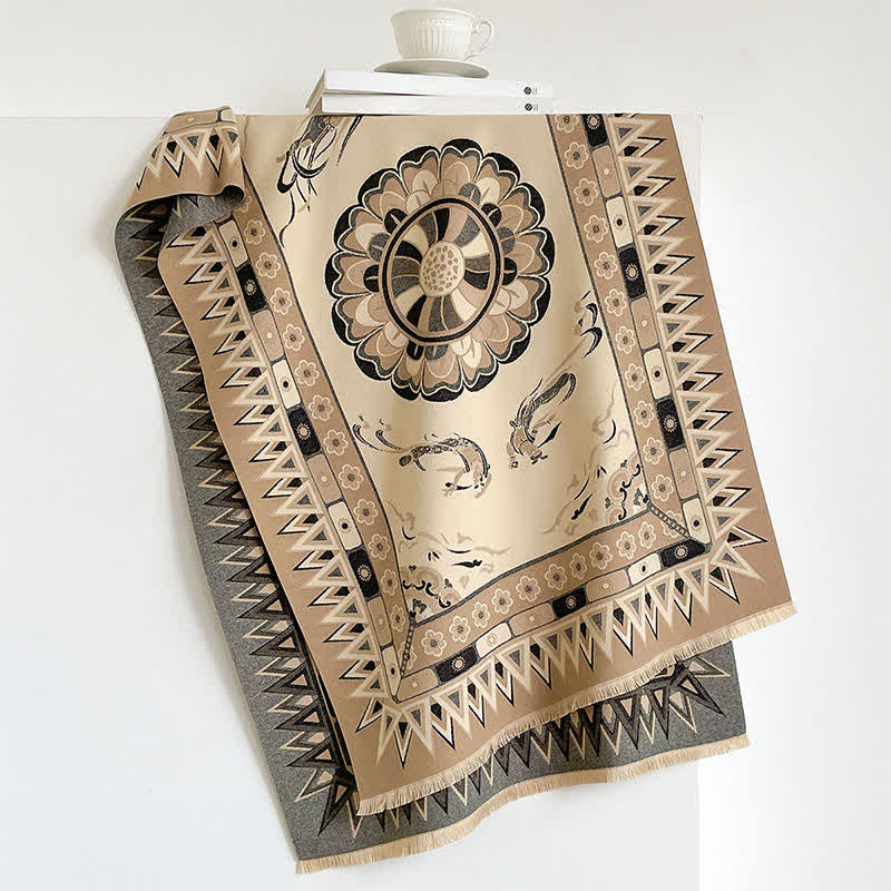 Buddha Stones Fall Winter Neutral Tone Retro Print Fringe Women's Scarf - image 1