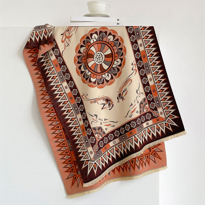 Buddha Stones Fall Winter Neutral Tone Retro Print Fringe Women's Scarf - image 3
