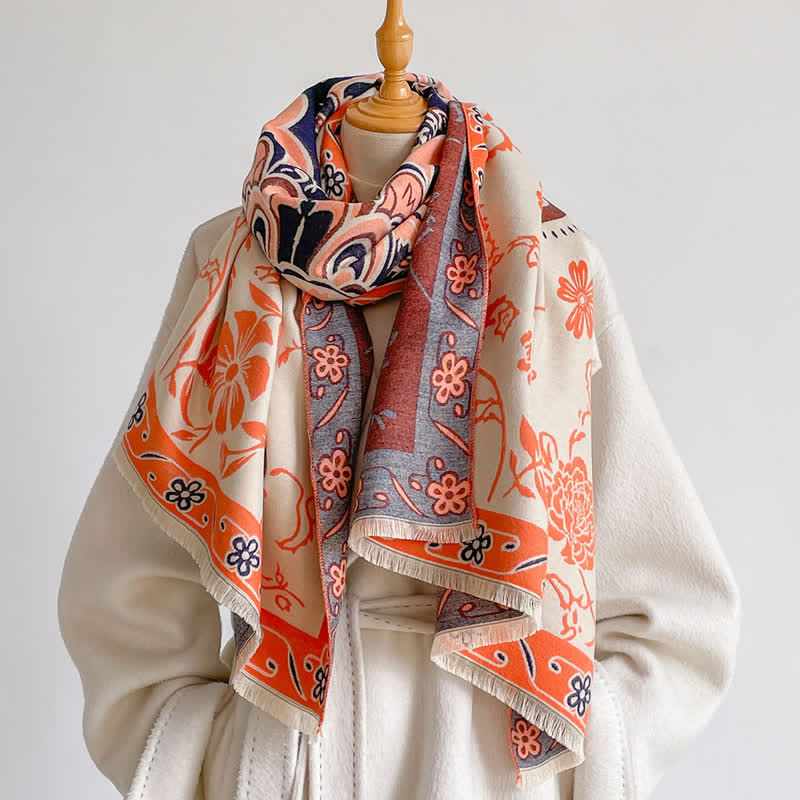 Buddha Stones Fall Winter Vintage Floral Tassel Shawl Style Women's Scarf - Coral - image 1
