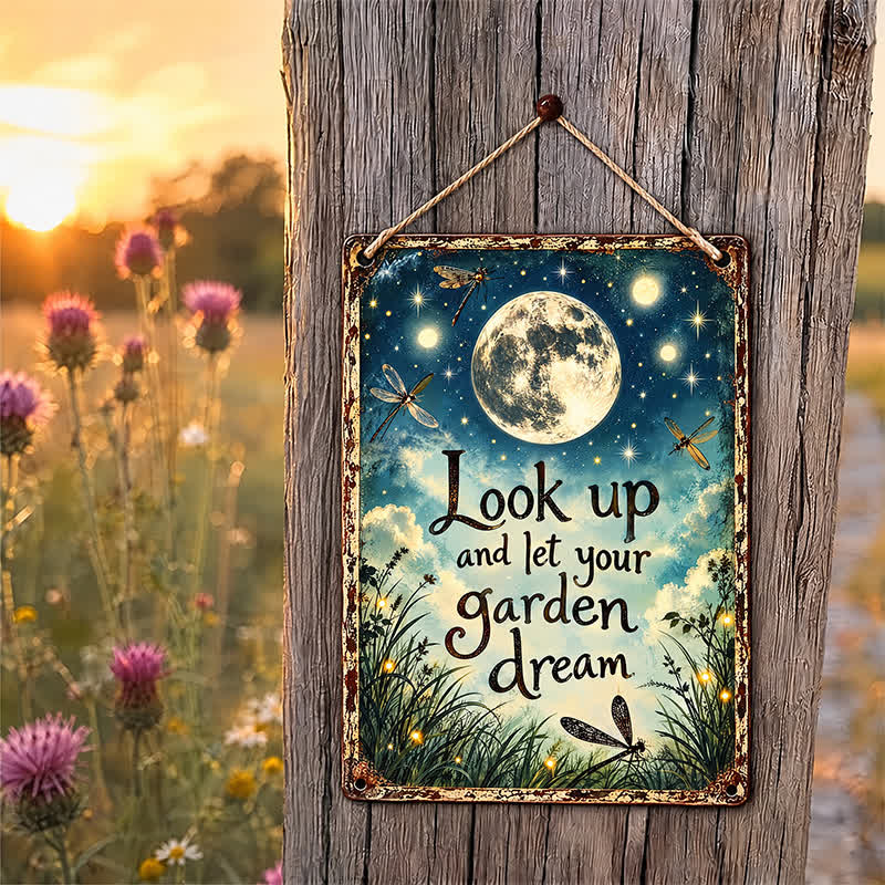 Buddha Stones "Look Up and Let Your Garden Dream" Moon Star Dragonfly Hanging Metal Iron Meaningful Symbols Wall Art - image 1