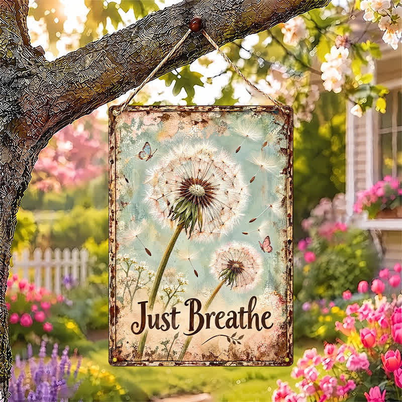 Buddha Stones "Just Breathe" Dandelion Rustic Design Hanging Metal Iron Meaningful Symbols Wall Art - image 0