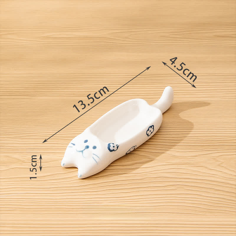 Buddha Stones Hand-Painted Cute Cat Ceramic Sauce Dish Chopstick Holder - Long Blue Patterns White - image 3