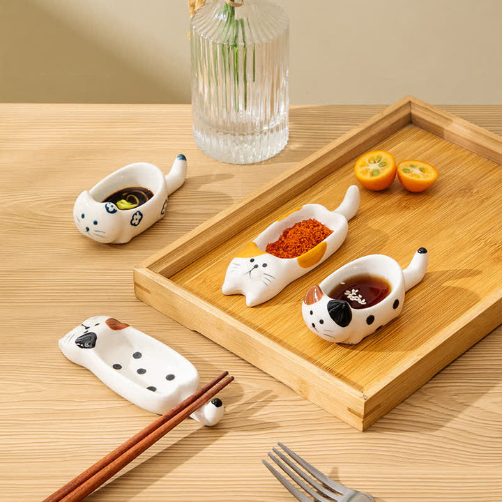 Buddha Stones Hand-Painted Cute Cat Ceramic Sauce Dish Chopstick Holder - Long Blue Patterns White - image 3