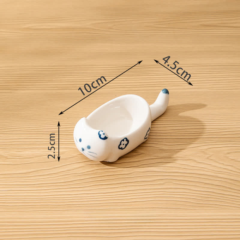 Buddha Stones Hand-Painted Cute Cat Ceramic Sauce Dish Chopstick Holder - Short Blue Patterns White - image 4
