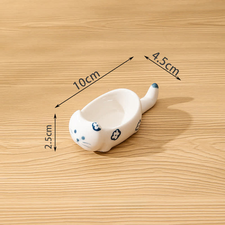 Buddha Stones Hand-Painted Cute Cat Ceramic Sauce Dish Chopstick Holder - Short Blue Patterns White - image 4