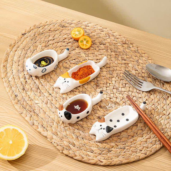 Buddha Stones Hand-Painted Cute Cat Ceramic Sauce Dish Chopstick Holder - image 16