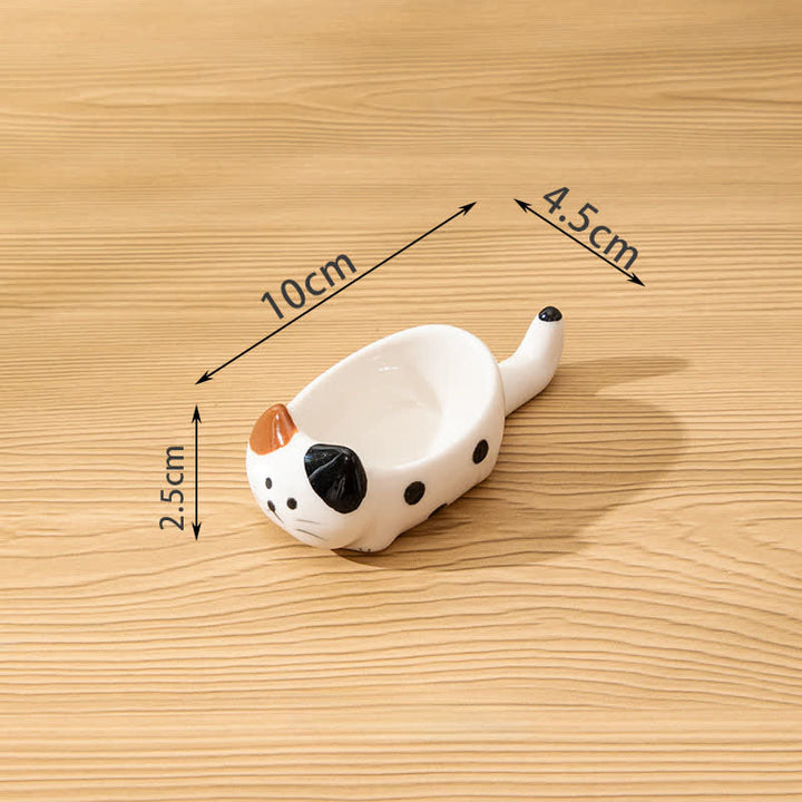 Buddha Stones Hand-Painted Cute Cat Ceramic Sauce Dish Chopstick Holder - Short Black Spots White - image 7
