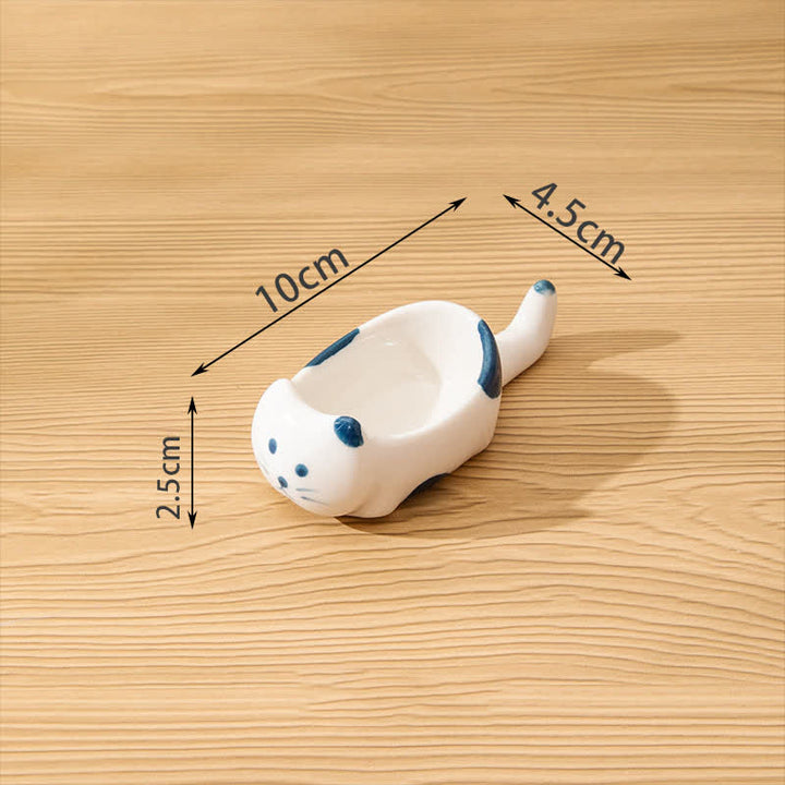 Buddha Stones Hand-Painted Cute Cat Ceramic Sauce Dish Chopstick Holder - Short Blue Spots White - image 9