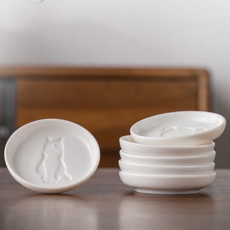 Buddha Stones White Ceramic Cat Silhouette Elegant Round Sauce Dish - image 14
