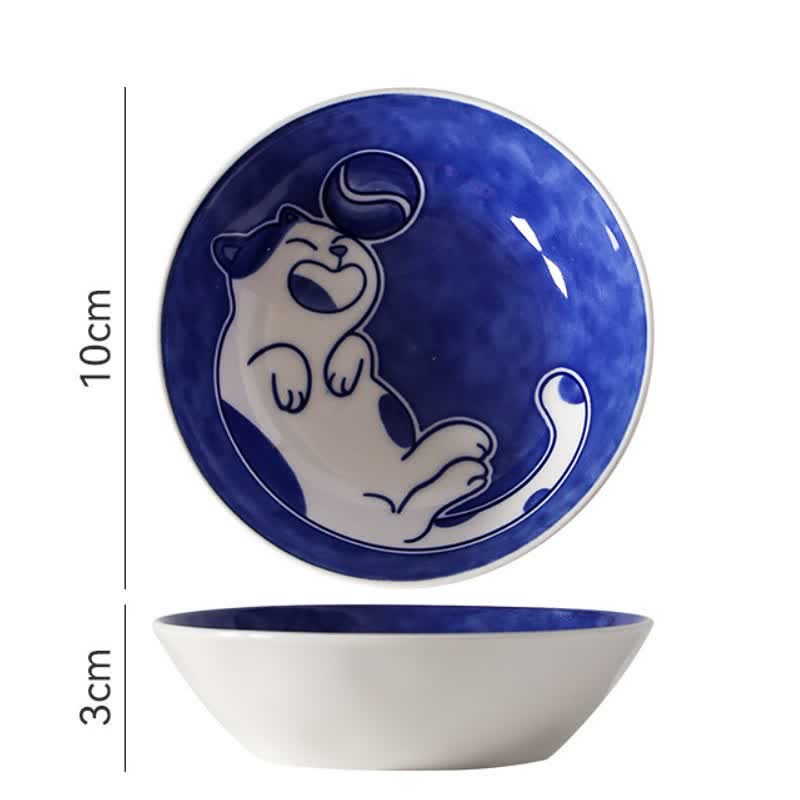 Buddha Stones Blue White Ceramic Playful Cat Round Sauce Dish - Heading The Ball - image 7