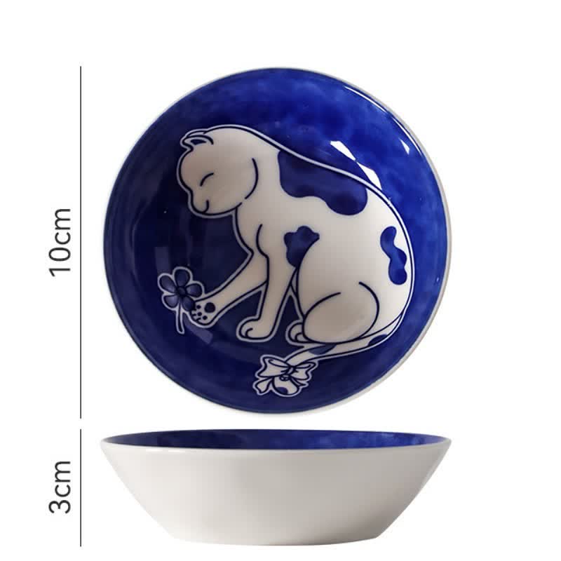 Buddha Stones Blue White Ceramic Playful Cat Round Sauce Dish - Picking Flowers - image 1