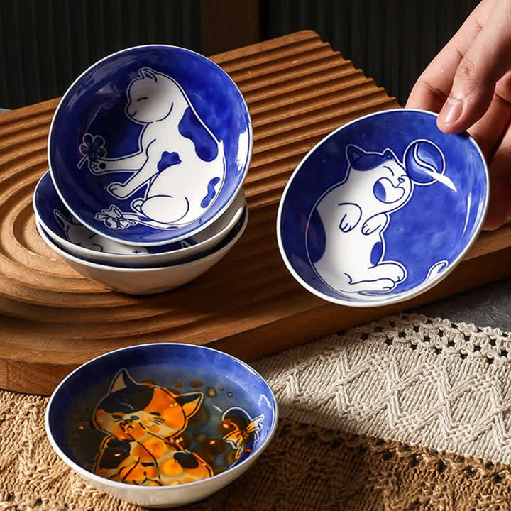 Buddha Stones Blue White Ceramic Playful Cat Round Sauce Dish - image 11