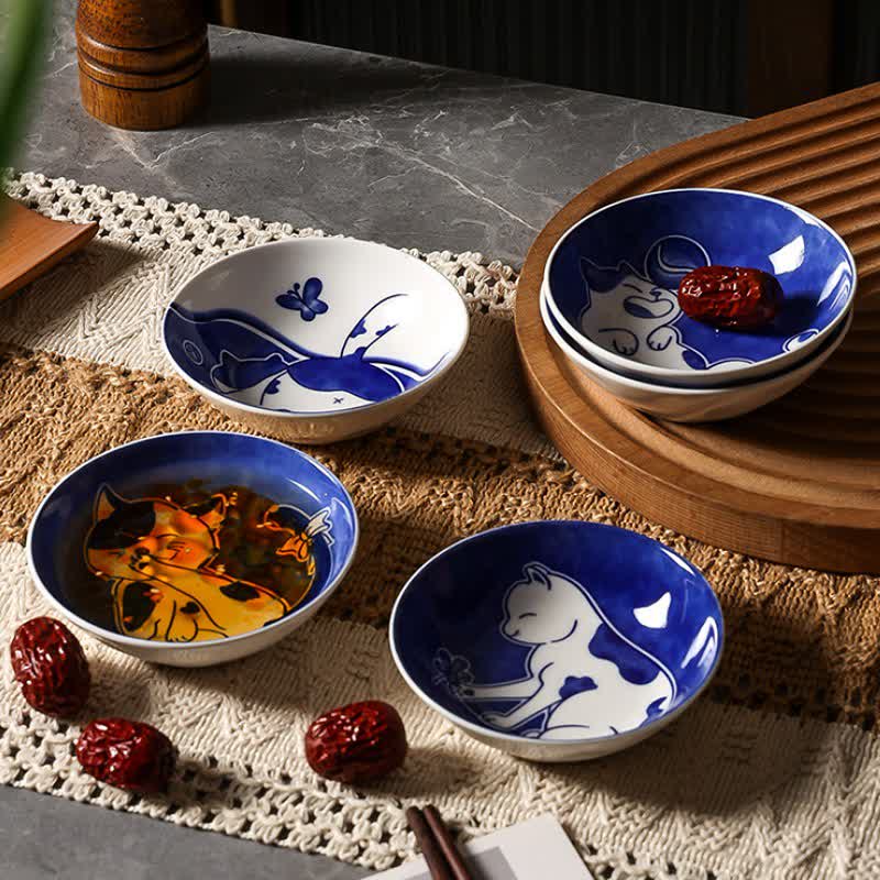 Buddha Stones Blue White Ceramic Playful Cat Round Sauce Dish - image 15